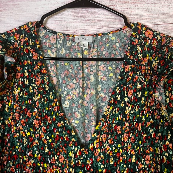 J.Crew Green V-Neck Smocked Long Sleeve Floral Dress Size Large - Picture 3 of 7